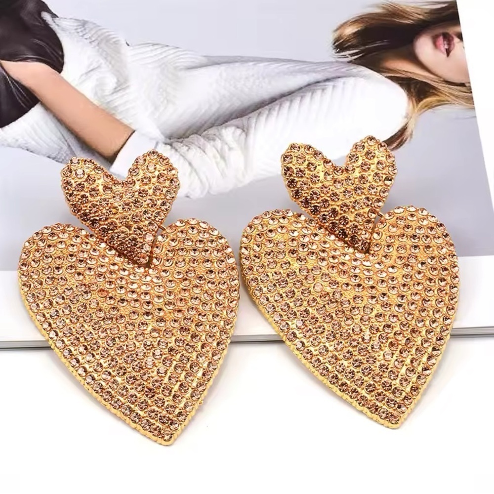 Statement Heart Earrings | Gold-Tone Rhinestone Drop Dangles - Picture 3 of 10